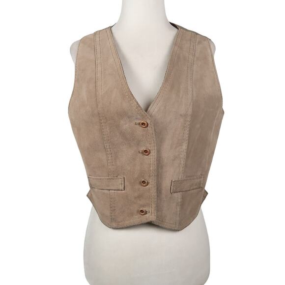 Vintage 70s Sears Jr Bazaar taupe tan suede leather vest M - Picture 1 of 5